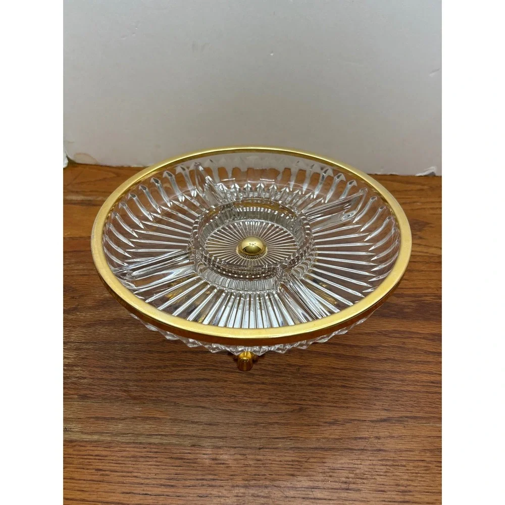 Vintage Cut Glass‎ 3 Section Candy Dish Gold Rim Ornate Footed Pedestal Base